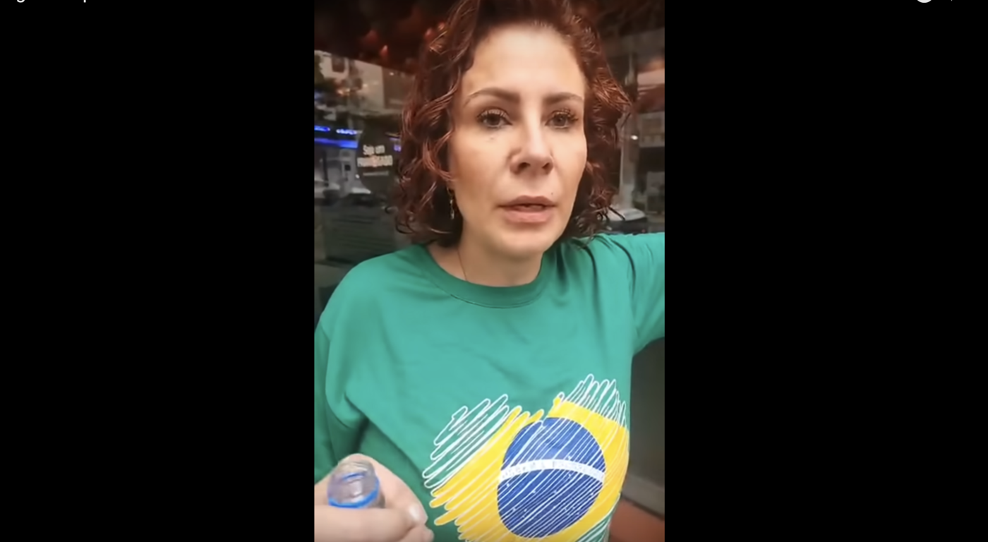 Na imagem, a deputada federal Carla Zambelli (PL), uma mulher branca com cabelos vermelhos cacheados e olhos castanhos. Zambelli veste uma camiseta verde estampada com a bandeira do Brasil.