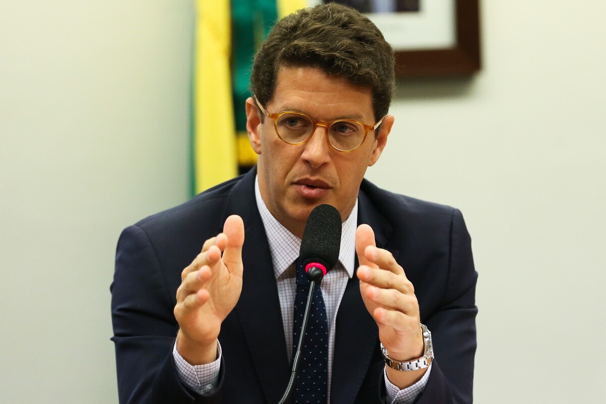 O ministro do Meio Ambiente, Ricardo Salles é um homem branco com olhos claros e cabelos loiros. Na imagem ele usa óculos, terno e gravata azul. Salles fala ao microfone enquanto gesticula, ele participa de audiência pública, na Comissão de Agricultura, Pecuária, Abastecimento e Desenvolvimento Rural da Câmara dos Deputados