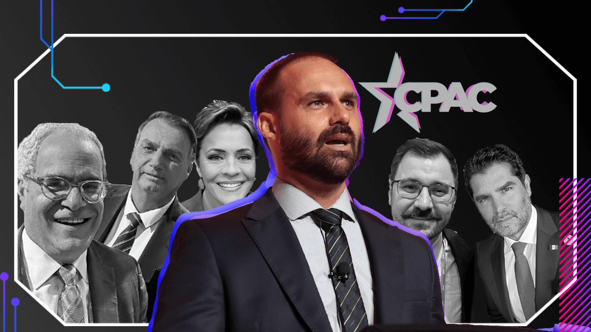 No centro da imagem está posicionado Eduardo Bolsonaro, e ao seu redor, várias figuras importantes da extrema direita. Acima o símbolo do evento CPAC.