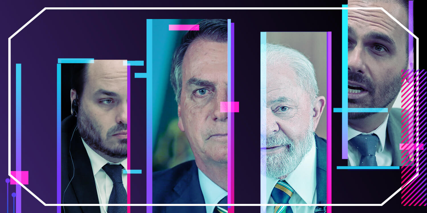 A imagem tem recortes dos rostos de políticos famosos como o presidente Lula, Jair Bolsonaro e seus filhos.