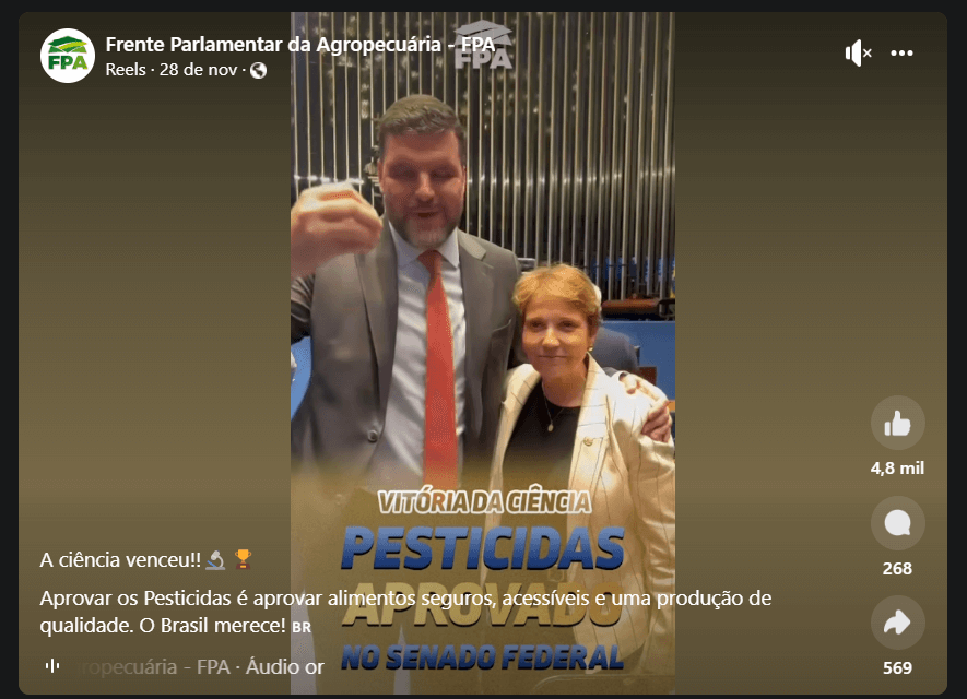 Anúncio da Bancada Ruralista no Facebook promovendo os pesticidas em nome da "ciência''