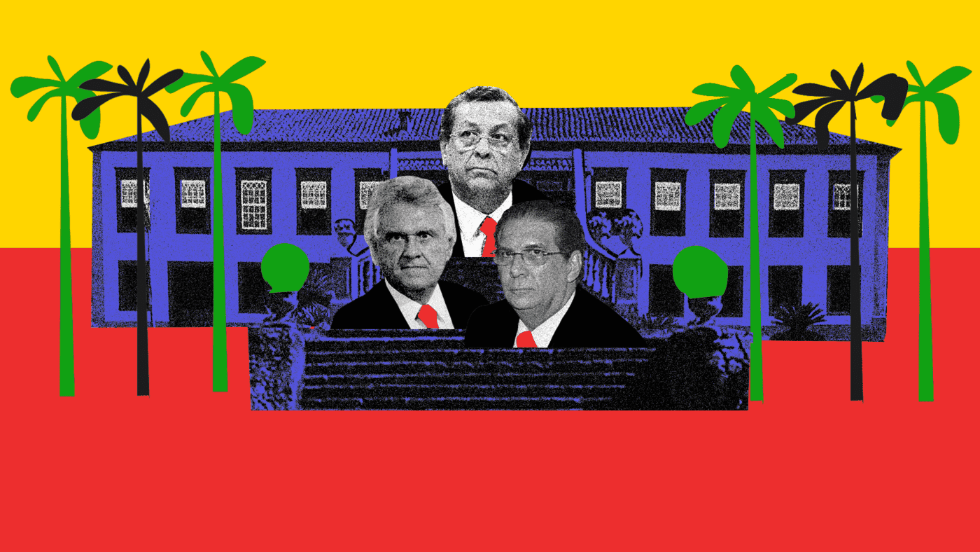 Ilustração mostra políticos com antepassados escravigistas e que recentemente foram investigados por trabalho escravo