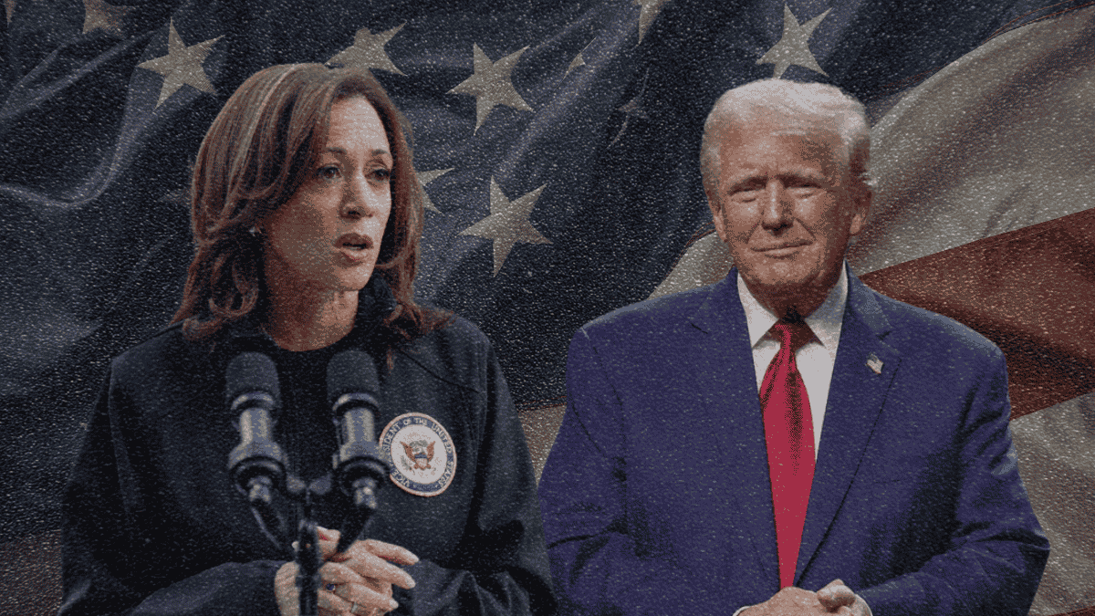 Kamala Harris à esquerda e Donald Trump à direita, sobrepostos à bandeira dos EUA