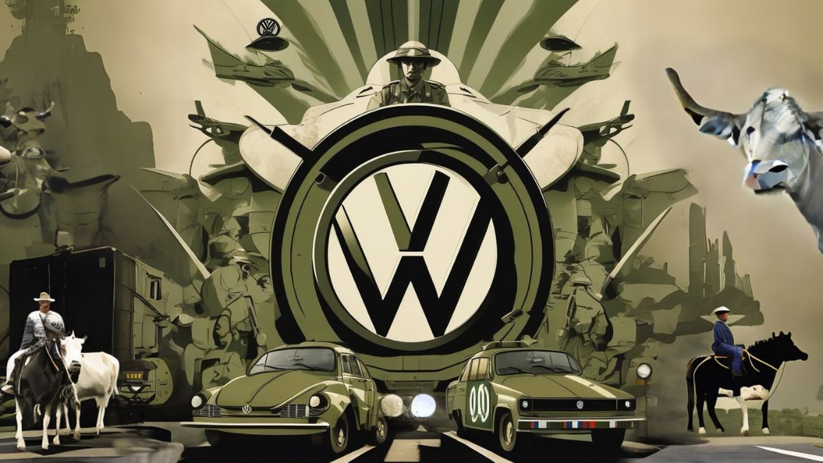 Ilustração gerada por inteligência artificial mostra carros da Volkswagen e o símbola da empresa associado a militares da ditadura brasileira