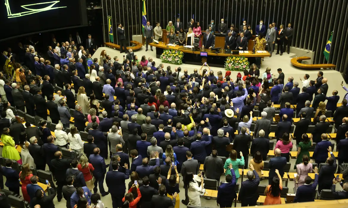 Sessão lotada no plenário da Câmara dos Deputados, com parlamentares em pé e de mãos erguidas, durante cerimônia que desconsidera decisão do STF sobre a criação de vagas legislativas.