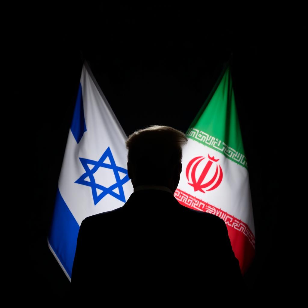 Silhueta de Trump de costas, em pé entre as bandeiras de Israel x Irã, em um fundo escuro.
