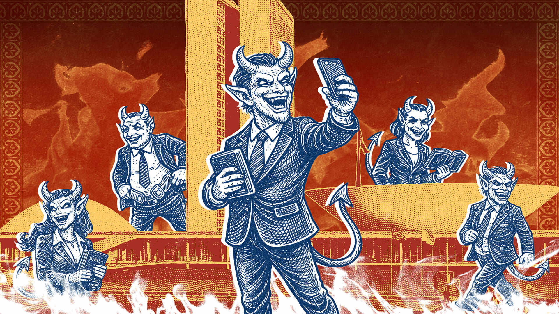 Ilustração mostra o diabo na forma de políticos brasileiros, em frente aos Três Poderes em Brasília