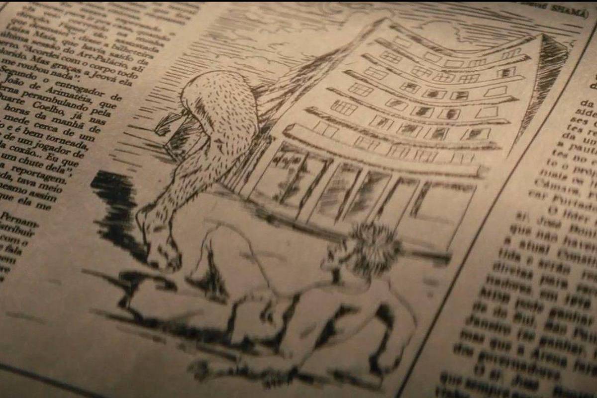Foto de jornal em que aparece a perna cabeluda, em cena de 'O Agente Secreto'