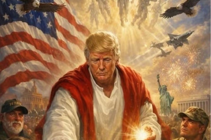 Imagem de IA com a bandeira dos EUA e do presidente Donald Trump