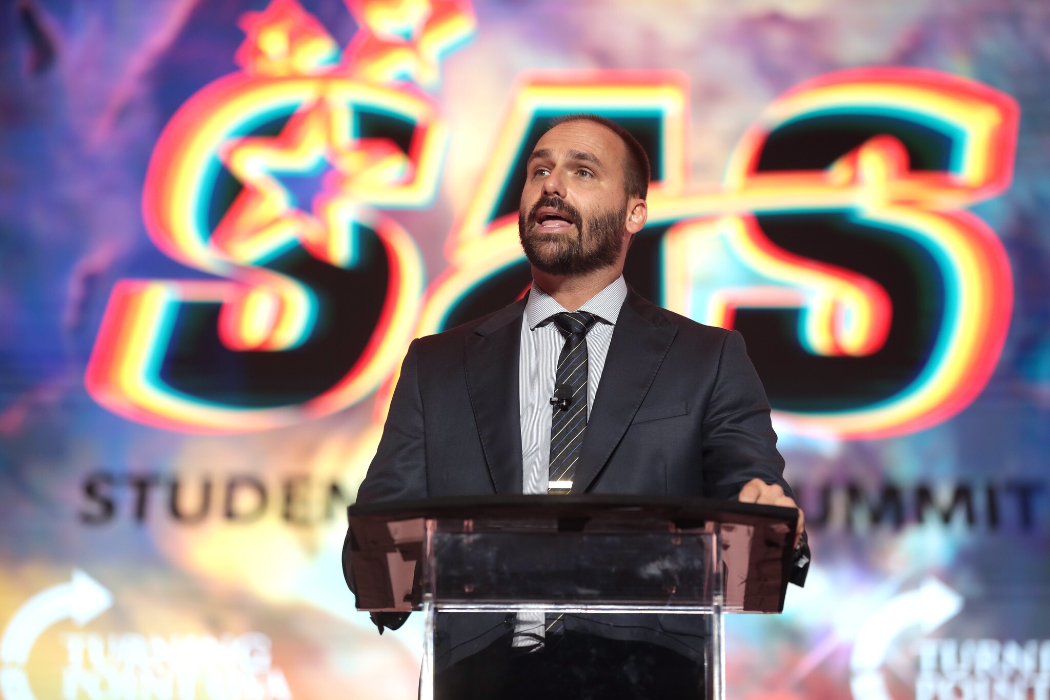 Federal Deputy for São Paulo Eduardo Bolsonaro speaking with attendees at the 2022 Student Action Summit at the Tampa Convention Center in Tampa, Florida.