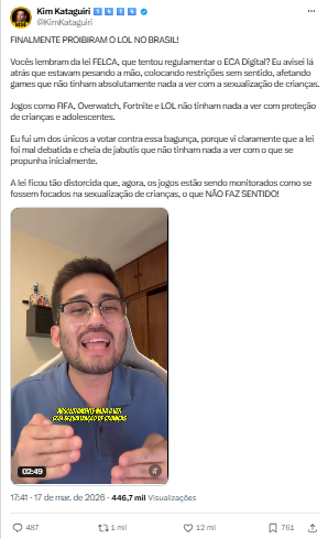 Publicação de Kim Kataguiri nas redes sociais sobre o Eca Digital